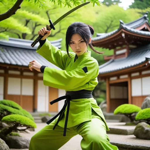 Prompt: Female lime ninja in a Japanese garden, wielding daggers, traditional Japanese setting, vibrant lime color palette, dynamic action pose, detailed ninja outfit, authentic Japanese architecture, lush green foliage, high quality, traditional, dynamic, lime color palette, detailed outfit, dynamic pose, Japanese architecture