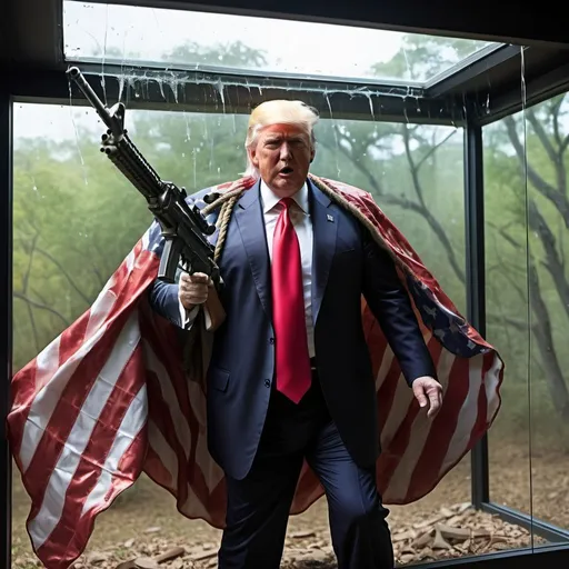 Prompt: Donald Trump in camouflage, American flag cape, machine gun, smashing through glass window, rope swinging, intense action, high quality, realistic, patriotic color tones, dramatic lighting