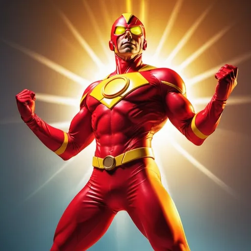 Prompt: Solar Man of the Atom in vibrant red suit, yellow uni visor, radiation symbol on chest, high quality, vibrant colors, superhero, comic style, dynamic pose, intense lighting