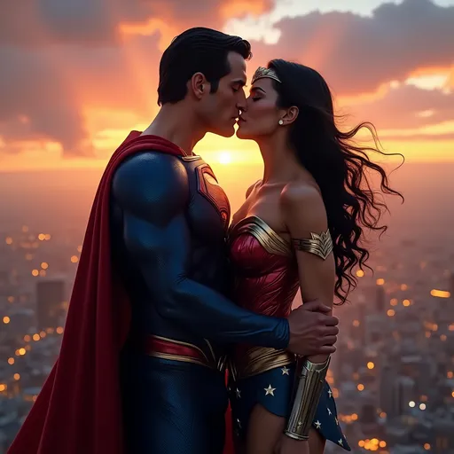 Prompt: In a magnificent, twilight setting high above a vibrant city skyline, the iconic figures of Superman and Wonder Woman share a passionate kiss. Warm oranges and soft purples paint the sky, as the last rays of sunlight halo around them, reflecting their heroic silhouettes. Superman, clad in his deep blue and striking red suit, gently holds Wonder Woman’s waist, drawing her closer. Her armor glimmers brilliantly, adorned with intricate designs, and her dark hair flows gracefully in the soft breeze. Below them, the city lights start to twinkle, creating a romantic ambiance. Wisps of clouds wrap around them, enhancing the whimsical feel of this moment. Render this scene in a cinematic lighting style, bringing out the depth and emotional intensity of their love.