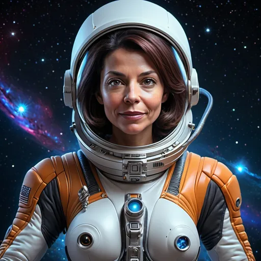 Prompt: Lisa Hayes in a spacesuit, (dynamic pose), meticulously detailed, bringing out her strong character, sleek and futuristic design, high-quality materials, vibrant colors contrasting against a dark cosmic background, (the cosmos twinkling with distant stars), capturing a sense of adventure and exploration, ultra-detailed, 4K resolution.