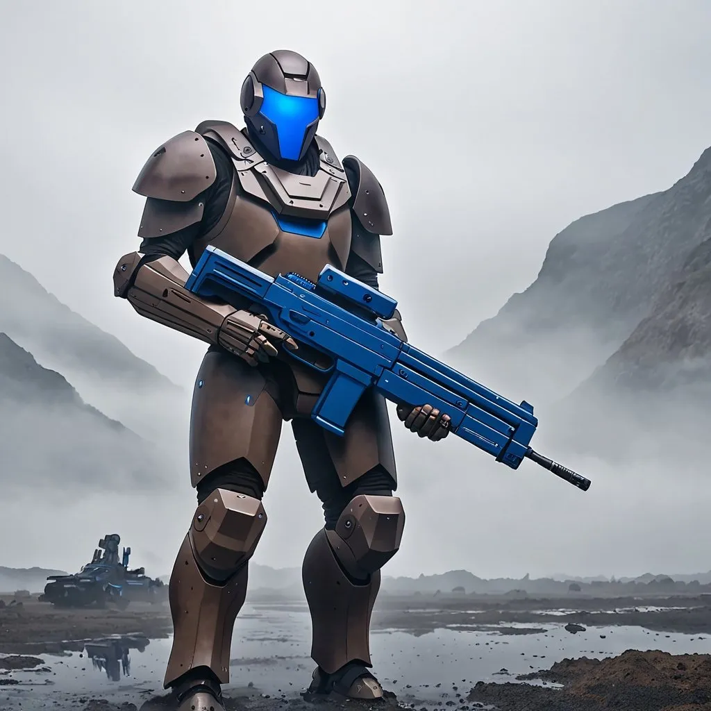 Prompt: Giant man wearing full brown body armour and helmet with face showing through blue face plate carrying futuristic rifle in misty area 