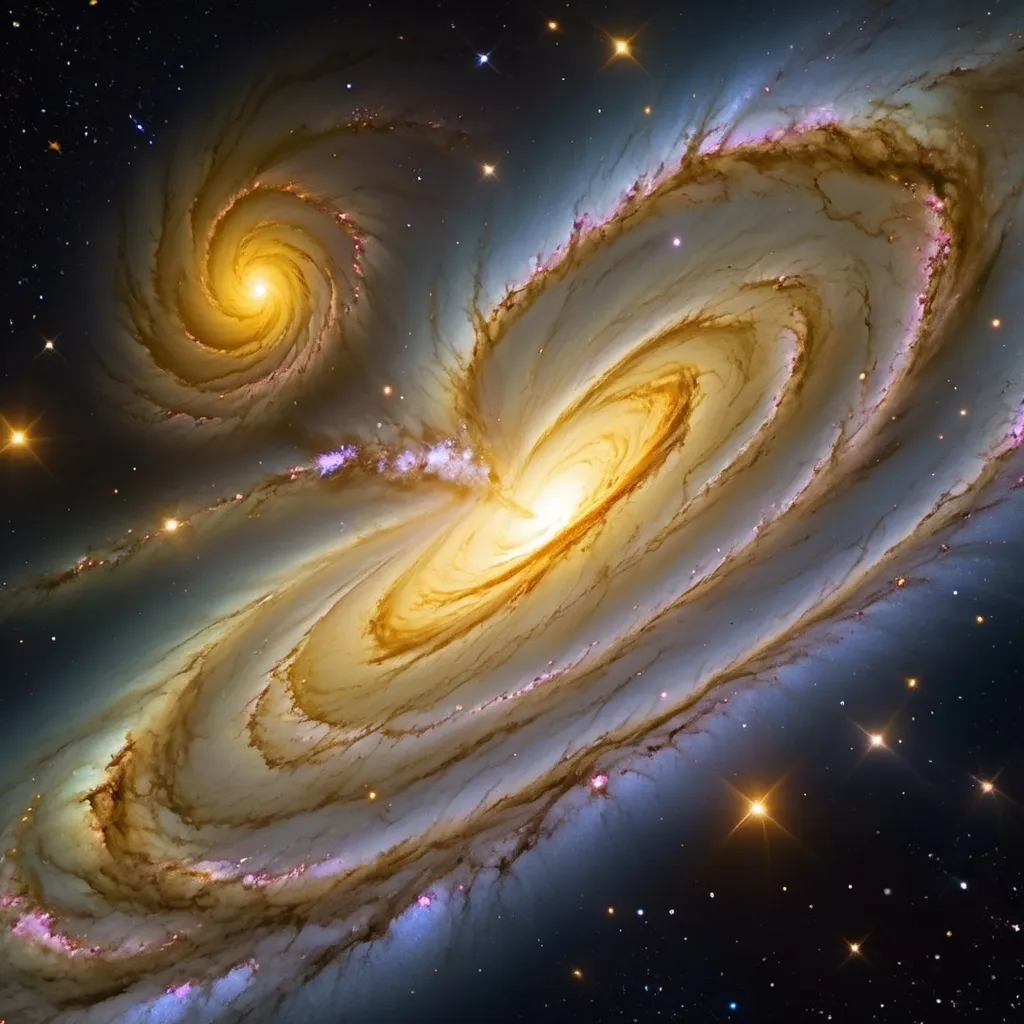 Prompt: (breathtaking Yellow deep space galaxy), swirling nebulae, captivating celestial bodies, ethereal star clusters, cosmic dust, (highly detailed and vivid), shimmering golden hues, luminous lighting, vast endless space, profound mystery, serene ambiance, (4K), ultra-detailed, imaginative cosmic artistry, dynamic composition, exploration theme.