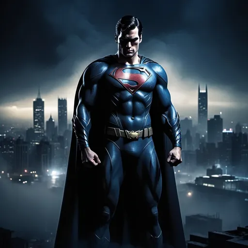 Prompt: (Superman Batman mashup), dynamic superhero stance, Gotham City skyline in the background, dramatic lighting, high contrast, dark and brooding atmosphere, deep blue and black color palette with hints of red and gold, ultra-detailed costume with combined elements from both heroes, high-definition textures and shading, cinematic masterpiece quality, epic and intense mood, misty and foggy night setting, 4K resolution.