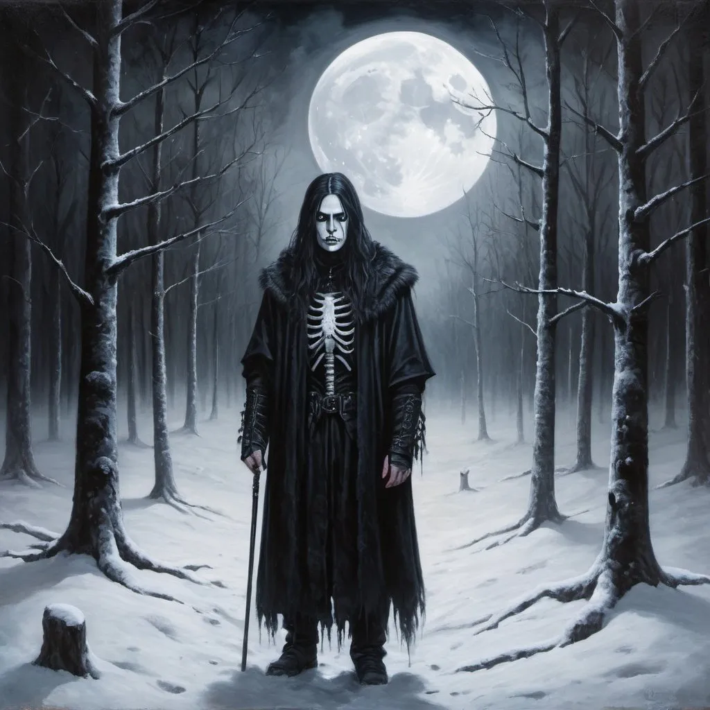 Prompt: Black metal musician standing in snow-covered forest under full moon, oil painting, eerie atmosphere, high contrast, dark and moody, misty trees, detailed facial features, snow-covered ground, full moon casting eerie glow, mystical, haunting, high quality, gothic, dark tones, atmospheric lighting