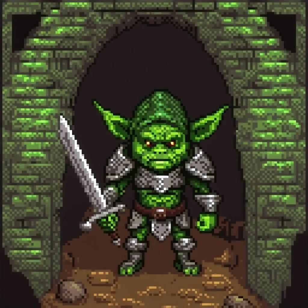 Prompt: Goblin in green armor holding sword in cave, fantasy, detailed armor, menacing expression, dimly lit, rugged cave walls, high quality, fantasy art, atmospheric lighting, green tones