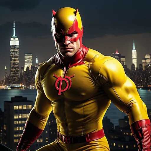 Prompt: Daredevil in yellow outfit, Marvel Comics, NYC setting, urban, detailed muscular physique, determined expression, high-quality, realistic, comic book style, dark and gritty, atmospheric lighting, New York skyline, detailed costume, intense glare, action-packed, professional, dynamic composition