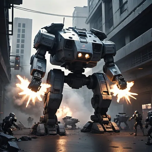 Prompt: ED-209 shooting at rioters, realistic 3D rendering, chaotic urban setting, dramatic lighting, futuristic sci-fi style, metallic textures, intense action, explosive atmosphere, high quality, detailed effects, futuristic, chaotic, intense lighting, realistic 3D, dramatic action