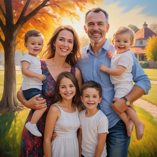 Prompt: Happy family portrait in a vibrant oil painting, warm and joyful atmosphere, detailed facial features, realistic, high quality, oil painting, vibrant colors, joyful expression, warm lighting, beautiful wife, children, detailed clothing, sunny outdoor setting