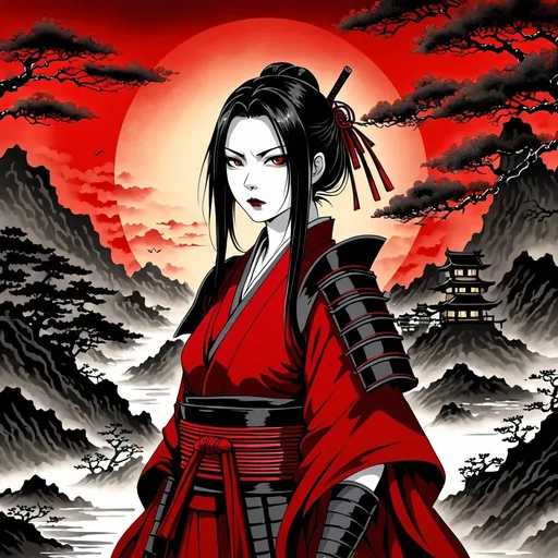 Prompt: Female vampire samurai, traditional Japanese ink painting, blood-red sunset, flowing crimson robes, intense gaze, ethereal beauty, detailed and intricate armor, mystical atmosphere, high quality, traditional art style, dark and dramatic, mystical, elegant, intense lighting