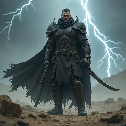 Prompt: In a desolate, windswept wasteland under a stormy sky, Karg the bounty hunter stands resolute. Clad in rugged, dark leather armor with tattered edges, his piercing gaze scans the horizon, where lightning flickers ominously. The air is charged with tension, raindrops beginning to splatter against the cracked earth, soaking the pale dust that clings to his boots. A tattered cloak billows behind him, revealing a collection of meticulously displayed weapons, each telling a story of past hunts. His strong, scarred hands clutch a high-tech scanner, while a fierce determination etches his face, lit by flashes of lightning. The scene exudes an atmosphere of solitude and resilience, capturing Karg's relentless pursuit of his next prey in a world fraught with danger. This cinematic lighting and mood would translate beautifully into a dark fantasy concept art style.