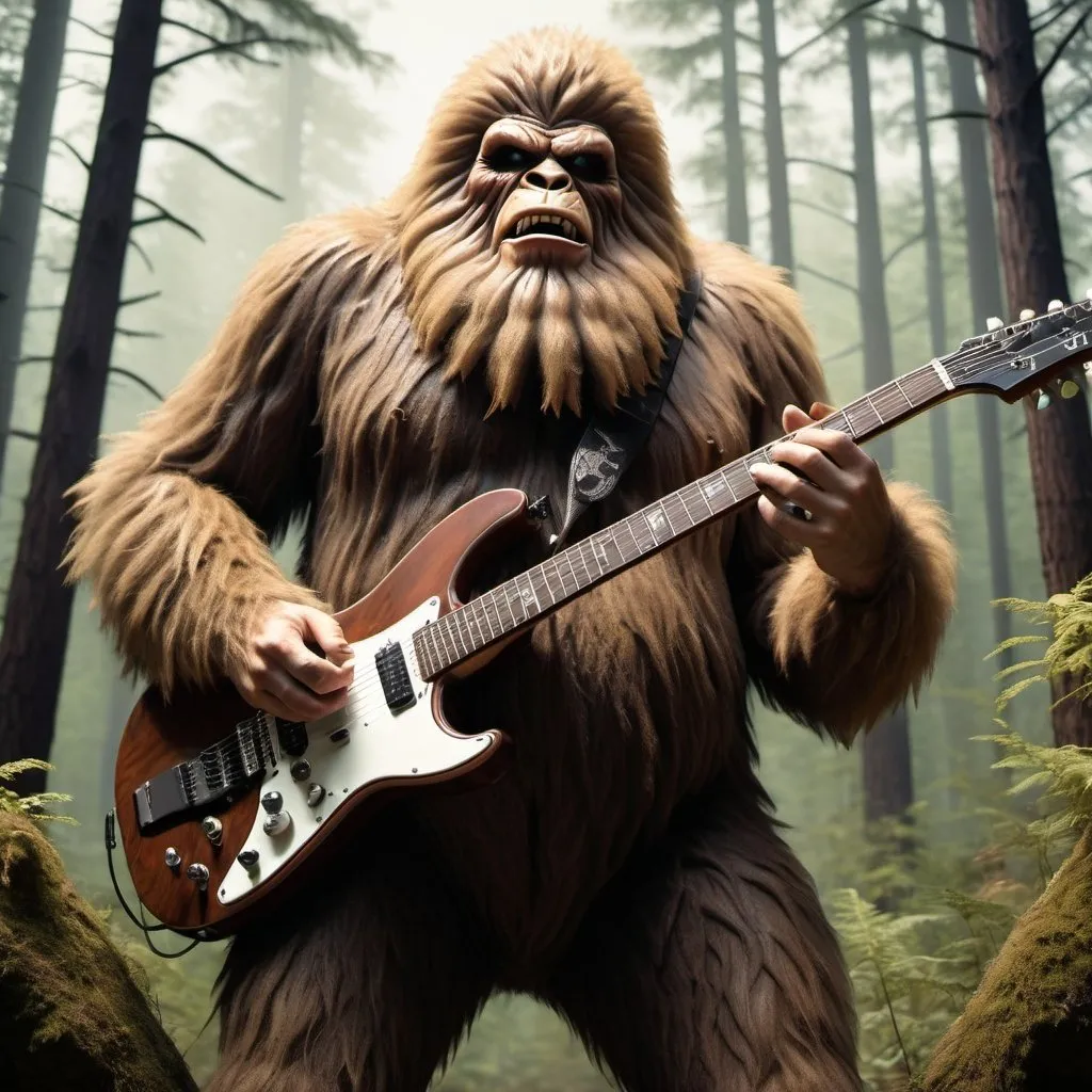 Prompt: Sasquatch playing double neck electric guitar, huge guitar amplifiers, forest setting, detailed fur and facial features, high quality, realistic, rock music, earthy tones, atmospheric lighting, intense gaze