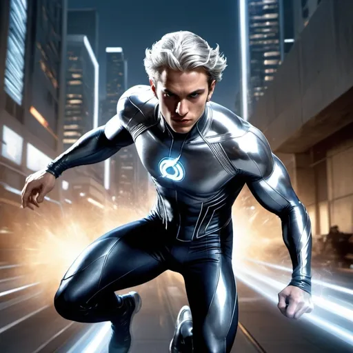 Prompt: Quicksilver from Marvel Comics in a futuristic setting, high-tech materials, urban cityscape, dynamic motion blur, intense speed effect, detailed costume, vibrant and dynamic, high-quality, sci-fi, action-packed, futuristic, detailed character, sleek design, professional, dynamic lighting