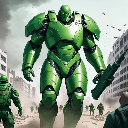 Prompt: Giant man in full green body armour in war zone carrying futuristic rifle 