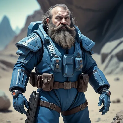 Prompt: Dwarf alien bounty hunter with long beard, blue flightsuit, small laser pistol, carrying ammunition, highres, detailed, sci-fi, rugged, intense expression, futuristic technology, alien landscape, professional lighting, cool tones