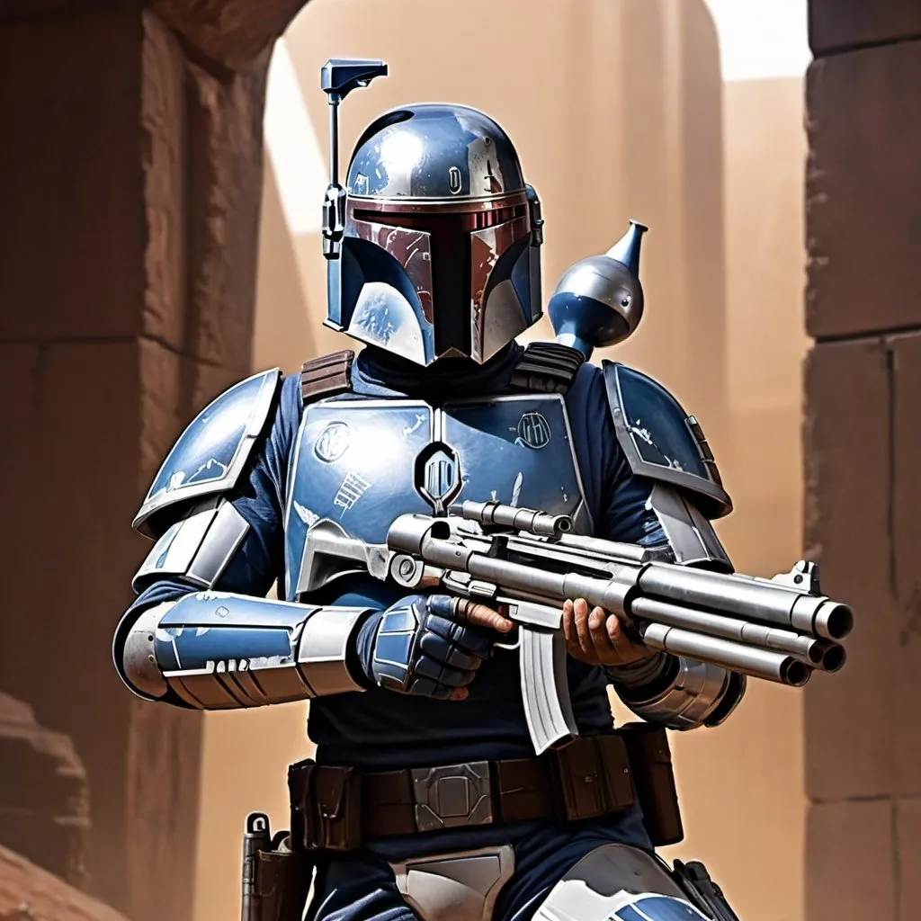 Prompt: Jango Fett dual wielding blasters, sci-fi digital art, detailed armor and helmet, intense and focused gaze, futuristic setting, highres, ultra-detailed, sci-fi, action, detailed armor, professional, dramatic lighting