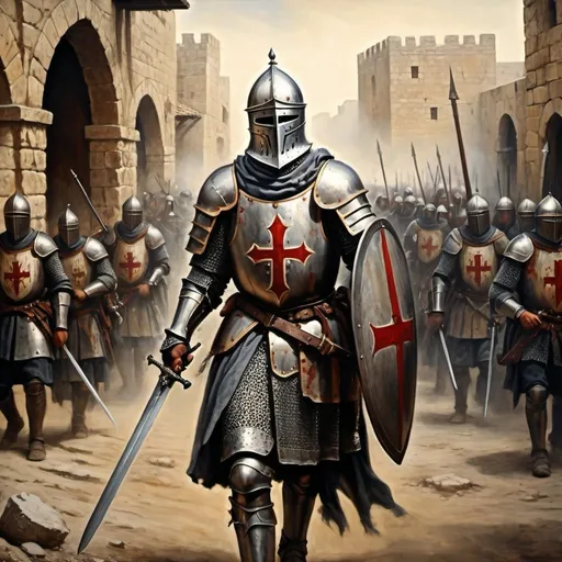 Prompt: Crusader knight with sword drawn, marching upon Jerusalem, medieval oil painting, detailed armor and weaponry, war-torn battleground, intense and dramatic, high quality, historical realism, dark and gritty tones, dramatic lighting, dusty and gritty atmosphere, epic battle scene, oil painting, detailed armor, medieval, war-torn, intense atmosphere, historical realism