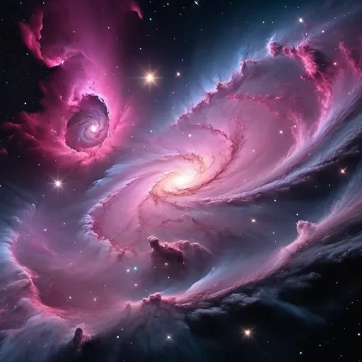 Prompt: (deep space galaxy) vibrant pink hues, swirling cosmic clouds, sparkling stars, ethereal nebulae, dynamic interstellar elements, high depth colors, galactic phenomena, breathtaking cosmic vistas, a sense of depth and infinite wonder, (4K) ultra-detailed, mesmerizing atmosphere, dreamlike quality, boundless and stunning celestial beauty.