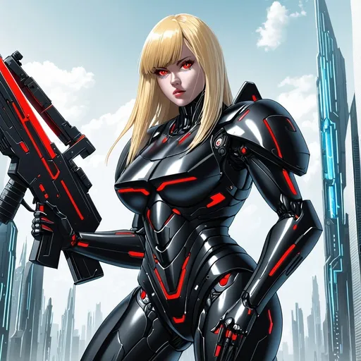 Prompt: Giant woman wearing black body armour with blonde hair and red eyes carrying futuristic rifle in futuristic setting 