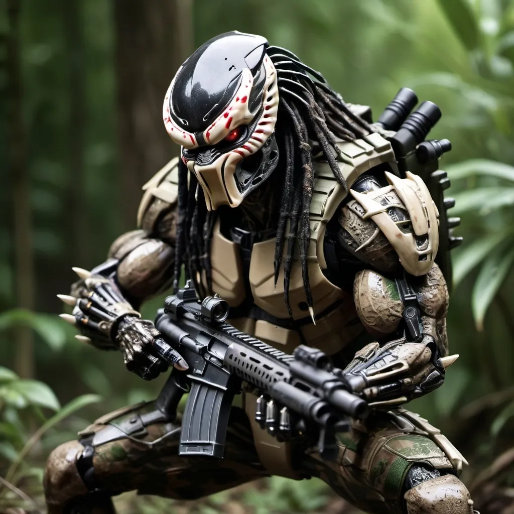 Prompt: Predator wearing camouflage firing machine gun with sharp black nails 