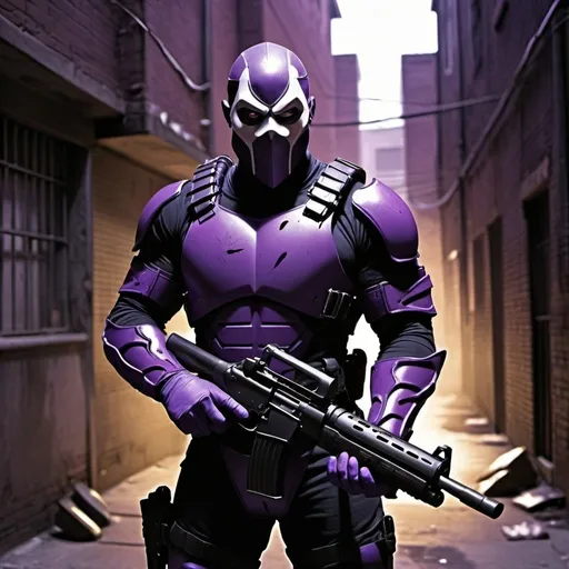 Prompt: FoolKiller in purple body armor and gimp mask, carrying shotgun in a back alley, gritty urban setting, high quality, comic book style, dramatic lighting, purple hues, detailed armor, intense gaze, atmospheric shadows