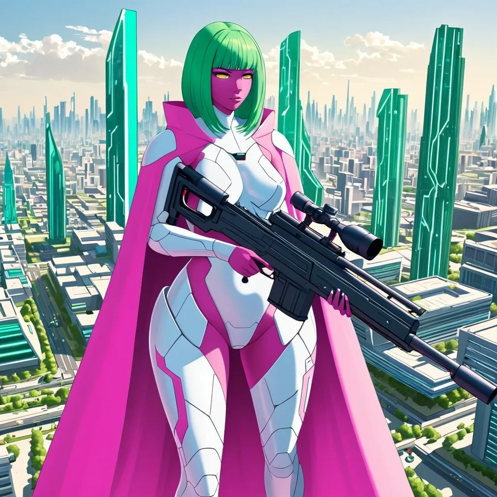 Prompt: Giant woman green hair hot pink skin yellow eyes wearing white body armour pink cape holding futuristic sniper rifle in  utopian city 