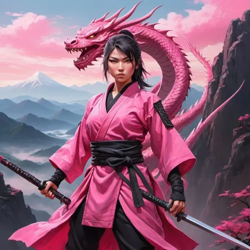 Prompt: Pink female ninja holding dragon spear, mountain background, oil painting, detailed costume, high quality, anime style, vibrant pink, dramatic lighting