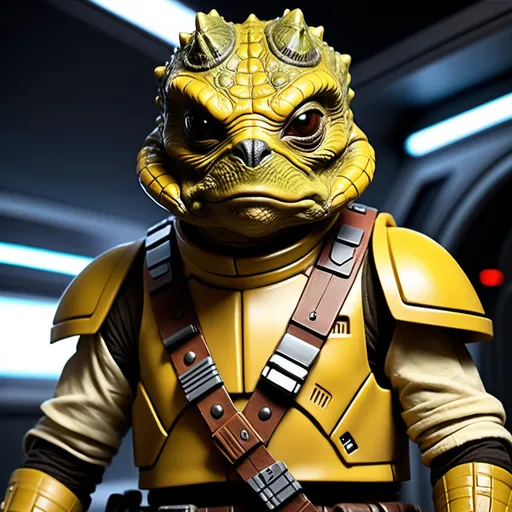 Prompt: Bossk the reptilian bounty hunter, fierce expression, intricate scales and detailed features, iconic outfit, crossed bandoliers and weapon holsters, dynamic pose, action-packed scene, crashing starship backdrop, vividly enriched colors, dramatic lighting, sci-fi atmosphere, capturing the essence of the Star Wars universe, ultra-detailed, high-definition quality.