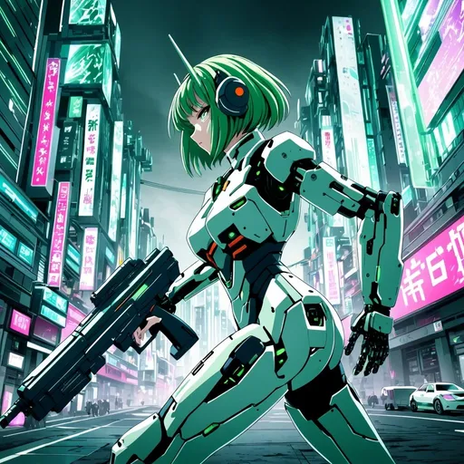 Prompt: Gundam suit girl with green hair firing futuristic gun in Tokyo, cool-toned digital art, vibrant and cybernetic, sleek and detailed anime style, urban setting with futuristic buildings, intense action shot, highres, ultra-detailed, anime, sci-fi, cool tones, cybernetic, futuristic, green hair, futuristic gun, Tokyo, action-packed, sleek design, professional, atmospheric lighting