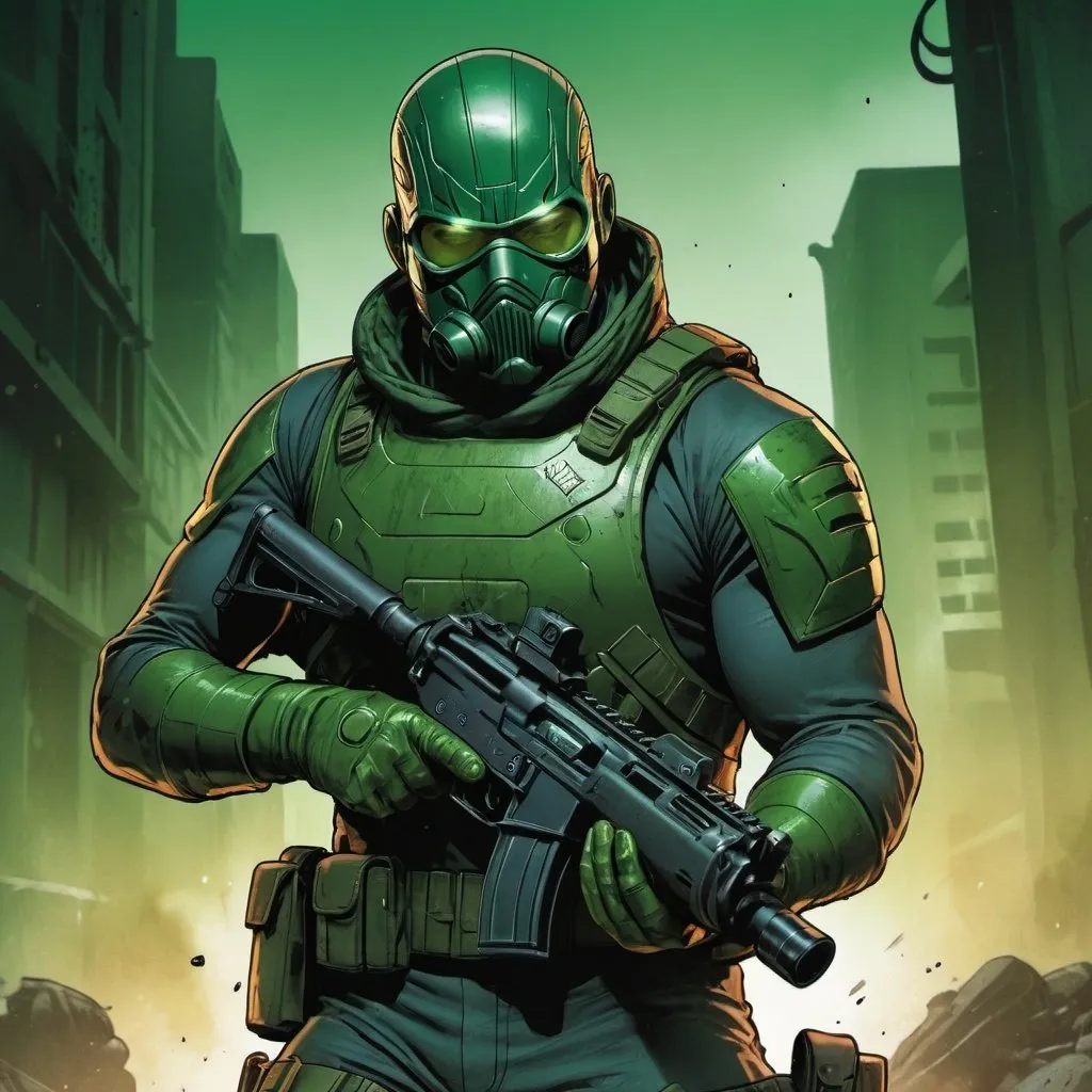 Prompt: Solo from Marvel Comics in green body armor, face mask, carrying submachine gun, war zone, gritty and intense, highres, detailed, comic book style, military green tones, atmospheric lighting, action-packed