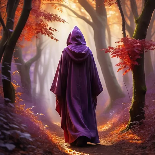 Prompt: Mysterious figure wearing (purple pointed hood) and robe, wandering through an enchanting autumn forest, vibrant leaves in shades of red and gold, dappled sunlight filtering through the branches, creating a magical ambiance, ethereal mist lingering in the air, (ultra-detailed) mystical atmosphere, capturing the essence of intrigue and solitude, whispering tales of enchantment, beautiful composition, high-quality art.