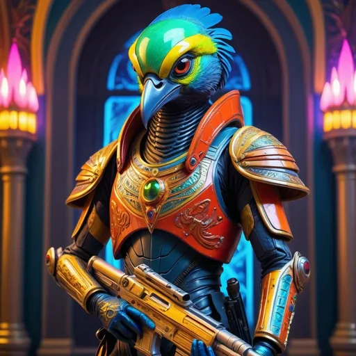 Prompt: Colourful bird alien royal guard with long laser rifle, futuristic royal palace backdrop, high quality, detailed feathers, vibrant colors, sci-fi, futuristic, alien, royal, ornate architecture, colorful lighting, professional, intense gaze, ultra-detailed, atmospheric lighting