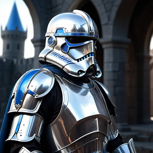 Prompt: Imperial Stormtrooper (as a medieval knight), intricately armored, blending futuristic and medieval design, glistening silver plating with blue accents, dramatic lighting emphasizing chivalric posture, set against a mysterious battleground reminiscent of medieval castles, (epic atmosphere), high contrast shadows, regal cape flowing, (highly detailed), cinematic colors, 4K resolution.