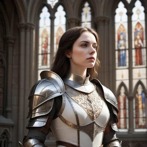 Prompt: Detailed drawing of a pale-skinned brunette woman in white knight's armor, brown eyes, pointed nose, standing outside a majestic cathedral, medieval fantasy setting, realistic rendering, sunlight filtering through stained glass windows, intricate details on armor, historical, gothic architecture, high quality, realistic, medieval fantasy, detailed eyes, sunlight, white armor, cathedral, brunette, pointed nose, professional, atmospheric lighting