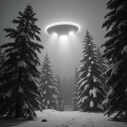 Prompt: A haunting black and white image captures a mysterious UFO hovering silently above a dense pine forest, where the heavy snow falls like ethereal confetti. The twisted silhouettes of snow-laden pine trees reach upward, their branches heavy and burdened under the weight of the blizzard. Flurries dance in the air, painted with soft tones of gray and white as they swirl around the otherworldly craft, which emits a faint, pulsating luminescence contrasting sharply against the starkness of the night sky. Wisps of fog coil around the trunks, creating an eerie ambiance, while the fine details of the snowflakes casting shadows on the ground add tension and depth. The scene, reminiscent of cinematic black and white photography, evokes a mix of wonder and trepidation, capturing the uncanny juxtaposition of nature and the unknown.
