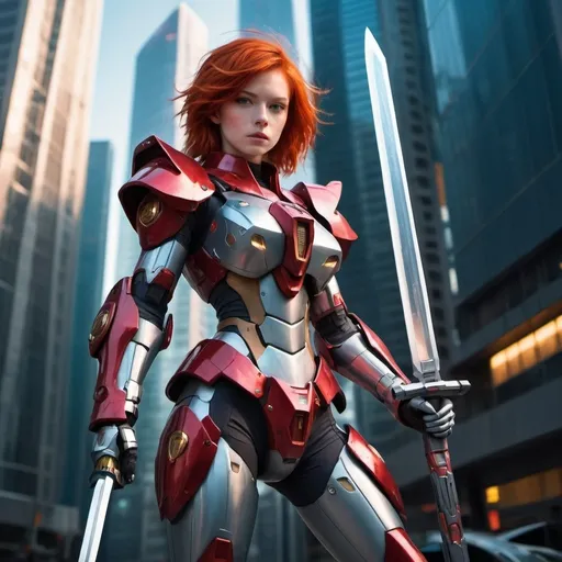 Prompt: Redhead femboy in Gundam suit wielding futuristic sword and shield, high-tech materials, urban cyberpunk setting with futuristic skyscrapers, detailed armor with metallic reflections, intense and determined expression, vivid and vibrant color tones, dramatic and atmospheric lighting, best quality, highres, ultra-detailed, sci-fi, cyberpunk, futuristic, redhead, femboy, Gundam suit, futuristic sword, futuristic shield, urban setting, metallic reflections, dramatic lighting