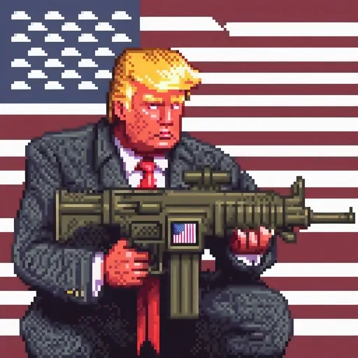Prompt: Donald Trump firing a machine gun, American flag background, intense and focused gaze, realistic digital illustration, patriotic, high quality, detailed expression, dramatic lighting, intense action