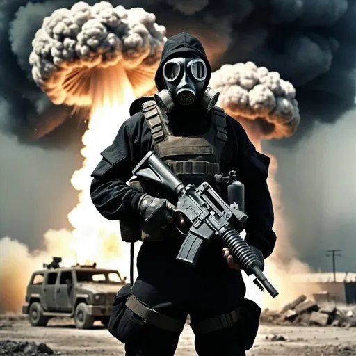 Prompt: Soldier in gas mask holding heavy machine gun, nuclear mushroom cloud in background, black outfit with bullets, post-apocalyptic, high quality, dark and ominous, heavy weaponry, military gas mask, nuclear explosion, bullet straps, intense atmosphere, warzone, detailed gas mask, apocalyptic setting, dramatic lighting