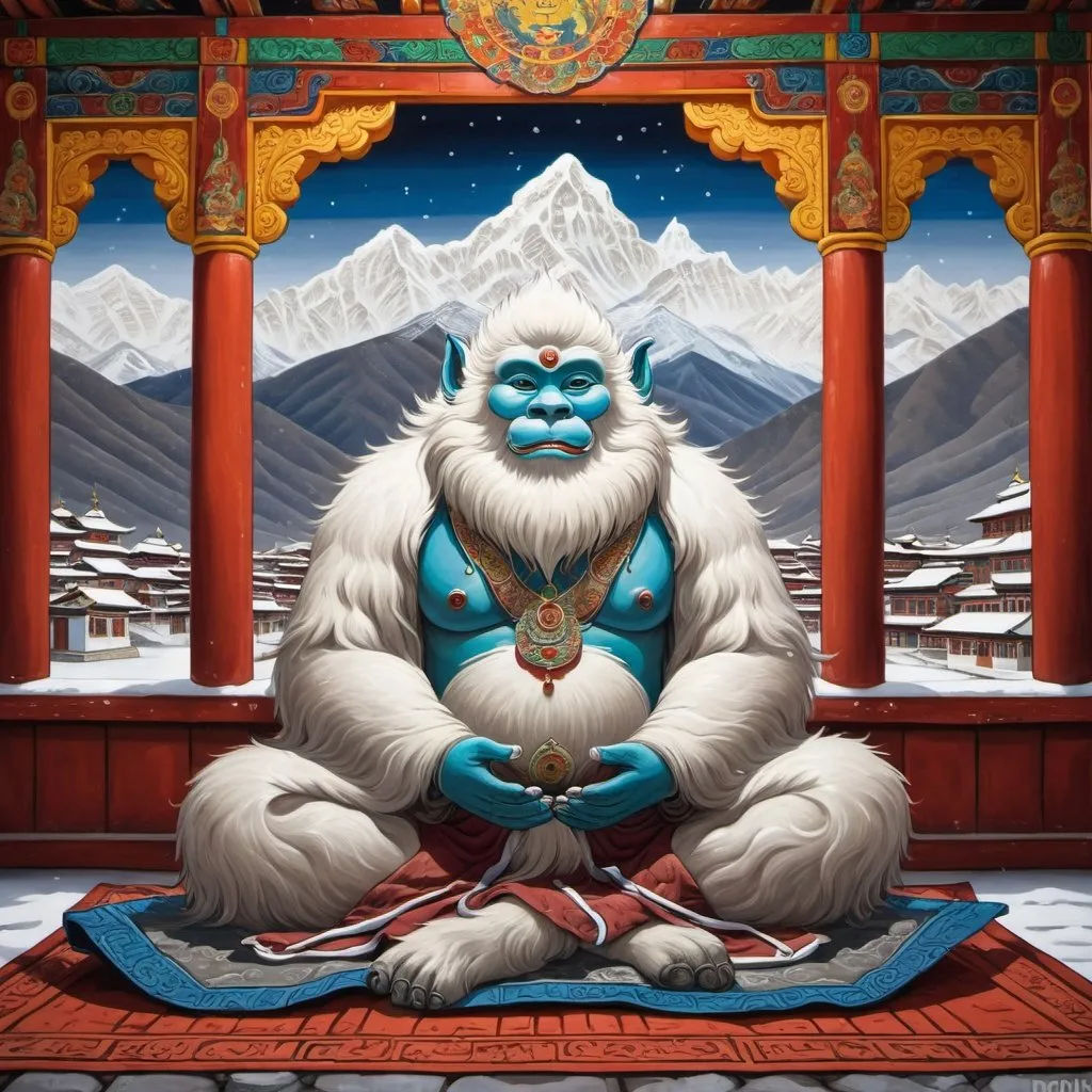 Prompt: Yeti meditating in Tibetan Buddhist monastery, traditional Tibetan thangka painting style, snow-capped mountain backdrop, serene and tranquil atmosphere, intricate monastery architecture, detailed yeti fur with snowy textures, peaceful and calm expression, mystical and ethereal lighting, high quality, thangka painting, detailed fur, tranquil atmosphere, snowy mountain backdrop, serene expression, traditional architecture, mystical lighting