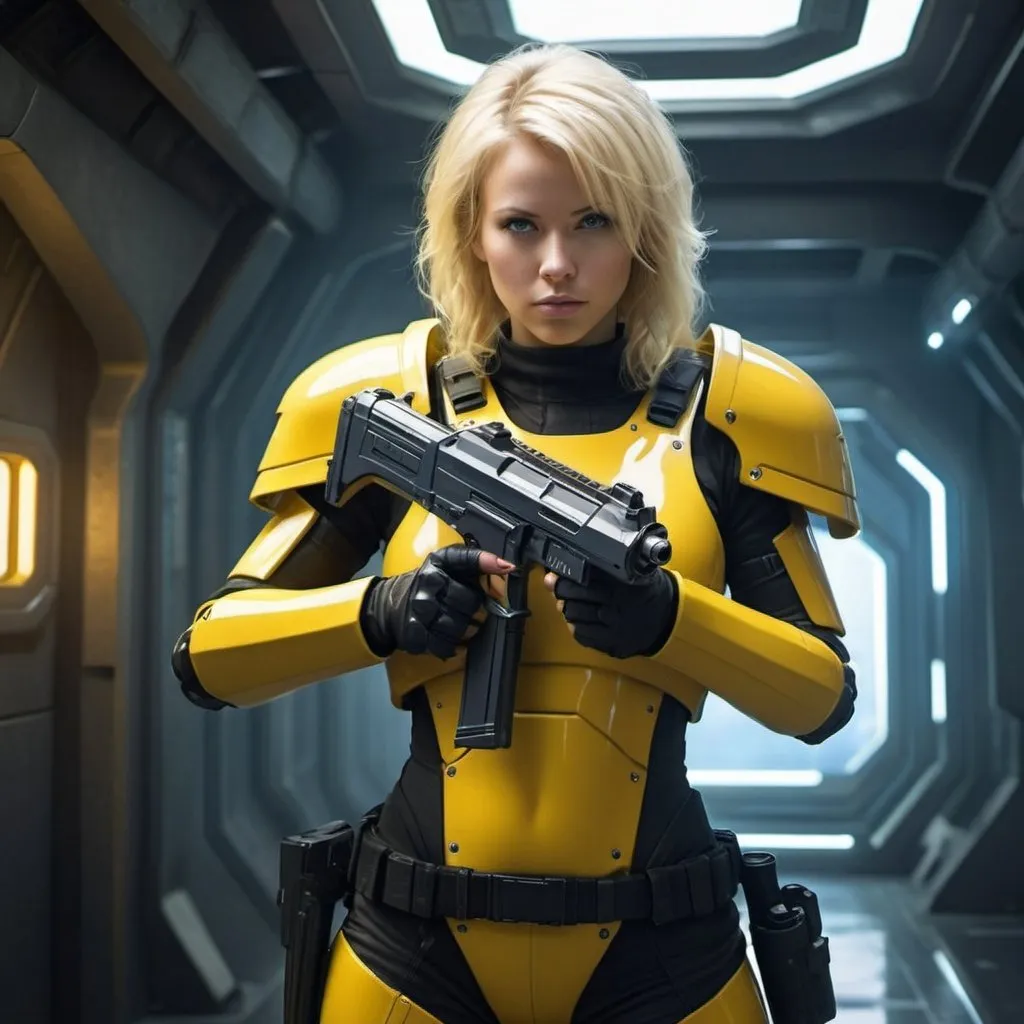 Prompt: Blonde female mercenary, yellow body armor, sci-fi laser gun, utopian setting, high-tech environment, futuristic design, high quality, sci-fi, futuristic, utopian, detailed armor, professional, atmospheric lighting