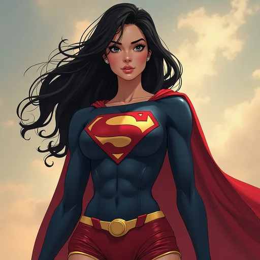 Prompt: Female version of Superman with black hair 