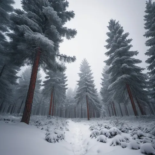Prompt: Snow covered pine forest 