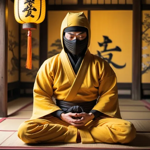 Prompt: Yellow ninja meditating at shrine, traditional Japanese art, serene atmosphere, intricate details, high quality, realistic, traditional, peaceful, warm tones, soft lighting, detailed ninja outfit, meditative pose, tranquil environment