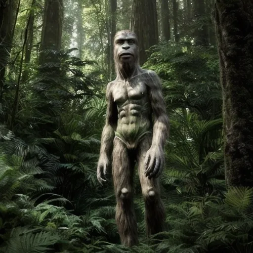 Prompt: (tall skinny sasquatch), standing gracefully in a dense forest, dappled sunlight filtering through lush green foliage, serene and mysterious ambiance, vibrant greens and earthy browns, ultra-detailed representation, surrounded by tall trees and whimsical underbrush, blending into the natural surroundings, high quality, cinematic light giving a magical vibe, evoking curiosity and wonder.