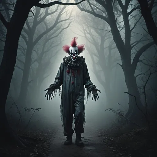 Prompt: Alien ghost clown standing on forest path, eerie ghostly fog, high-res digital art, horror, dark tones, glowing eyes, sinister smile, otherworldly presence, twisted tree branches, spooky atmosphere, haunting, mysterious lighting