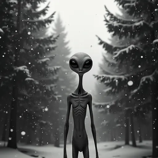 Prompt: A haunting black and white photograph captures a slender grey alien, its large, almond-shaped eyes reflecting the swirling snowflakes, standing alone in the midst of a dense pine forest. Towering evergreen trees surround it, their dark silhouettes contrasting sharply against the white chaos of the blizzard. Flurries of snow whip through the air, creating a mystical atmosphere, as the alien's smooth, featureless skin seems to absorb the light around it. The wind howls through the branches, and soft whispers of the forest can be felt in the air, enhancing the sense of isolation and intrigue. This scene unfolds in a cinematic lighting style, emphasizing the stark contrasts of shadow and light, evoking a sense of mystery and otherworldliness.