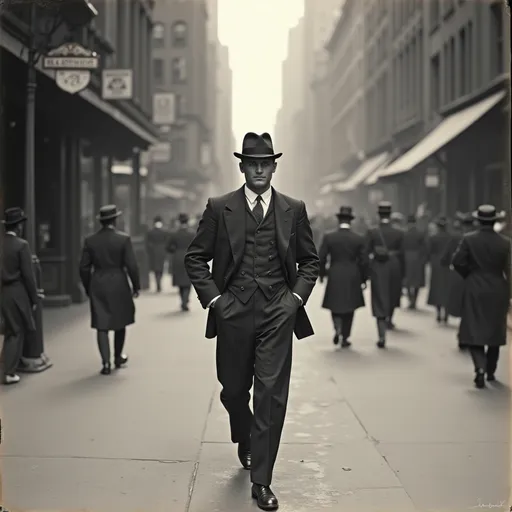 Prompt: Man in suit walking down street in NYC 1900s