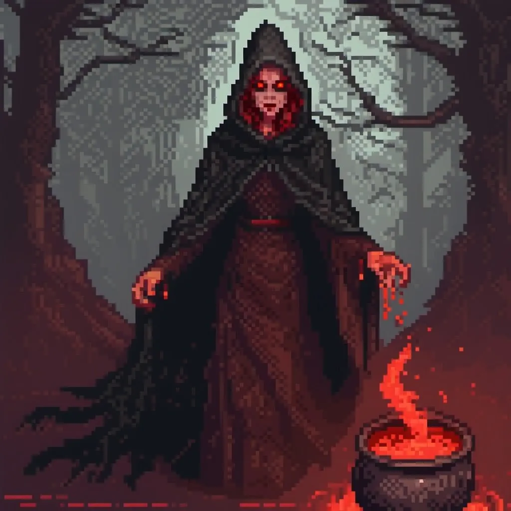 Prompt: High-resolution digital painting of an evil red-eyed witch, swirling her cauldron, dark and eerie atmosphere, detailed cloak with sinister shadows, glowing red eyes piercing through the darkness, mystical fog adding an eerie ambiance, sinister and foreboding setting, haunting art style, rich red and black tones, dramatic lighting, best quality, digital painting, sinister, eerie atmosphere, glowing eyes, detailed cloak, mystical fog, foreboding, rich tones, dramatic lighting