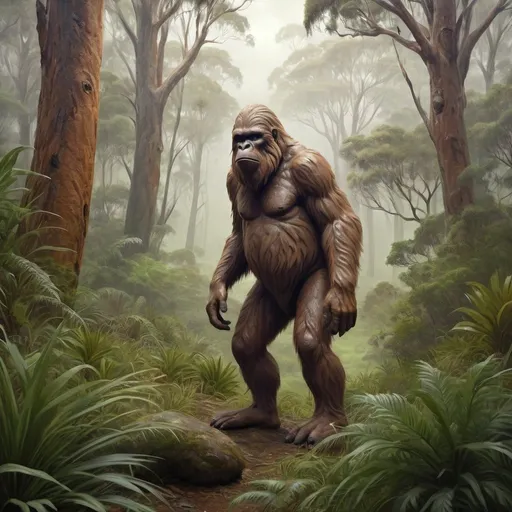 Prompt: Sasquatch in the Australian bush observing kangaroos, realistic digital painting, lush green foliage, rugged landscape, misty atmosphere, detailed fur and features, intense and curious expression, high quality, realistic, atmospheric lighting, natural tones