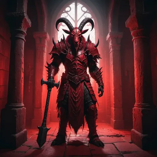 Prompt: Red Goatman in red armor, holding a battle hammer, inside a creepy castle, ominous red lighting, sinister atmosphere, detailed fur and horns, high-quality rendering, fantasy, dark tones, menacing presence, eerie castle interior, gothic architecture, dramatic shadows, haunting aura